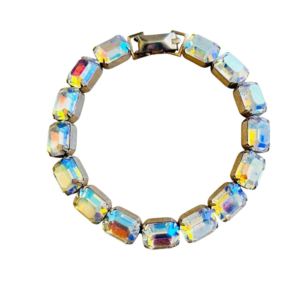 Weiss Tennis Bracelet VTG Baguette Rhinestone Emerald Cut Aurora Borealis 60s